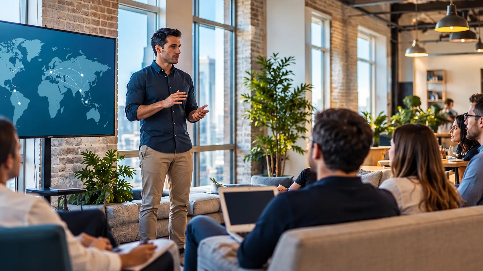 Apresentação profissional sobre conexões internacionais diante de uma equipe.