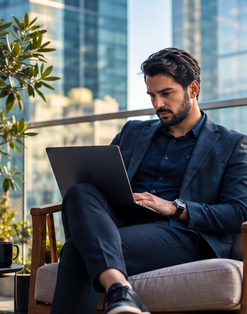Profissional trabalhando em um notebook em ambiente corporativo.