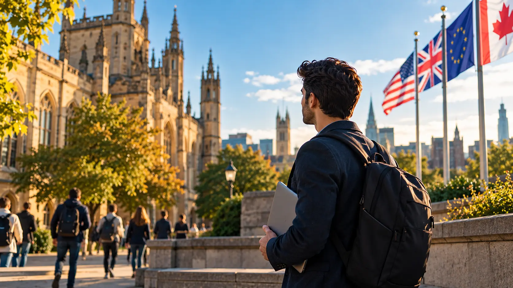 Profissional em campus internacional com bandeiras de diferentes países.